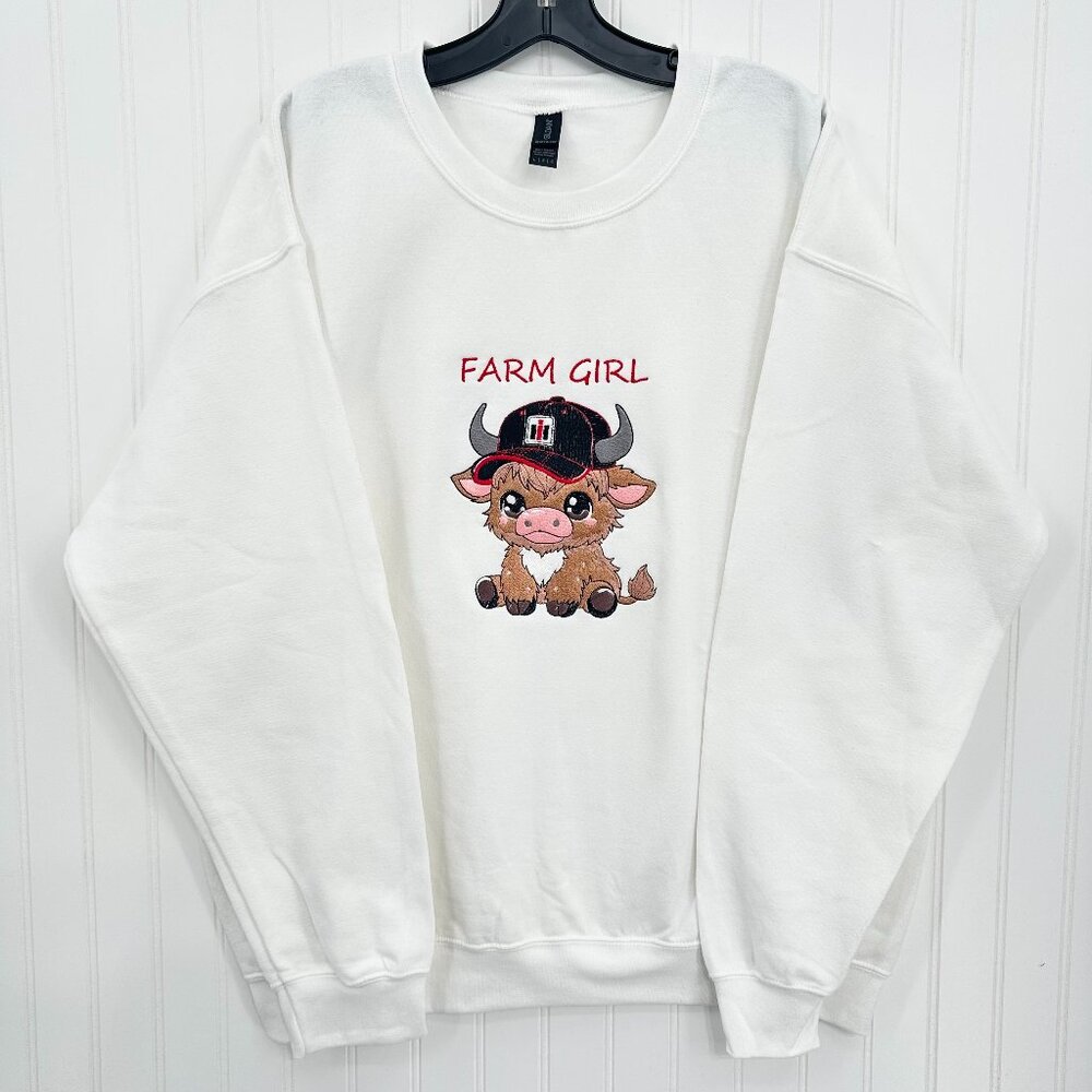 Highland Cow Sweatshirt Case IH Farm Girl Embroidered Adult Unisex Crewneck